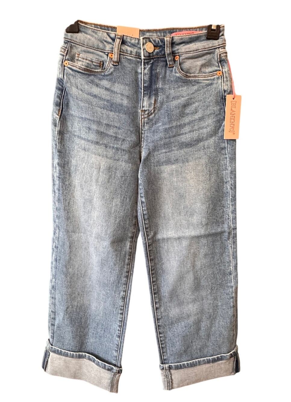 New BLANK NYC The Mini Frankin Girls Blue Denim Ribcage Wide Leg Jeans Size 8